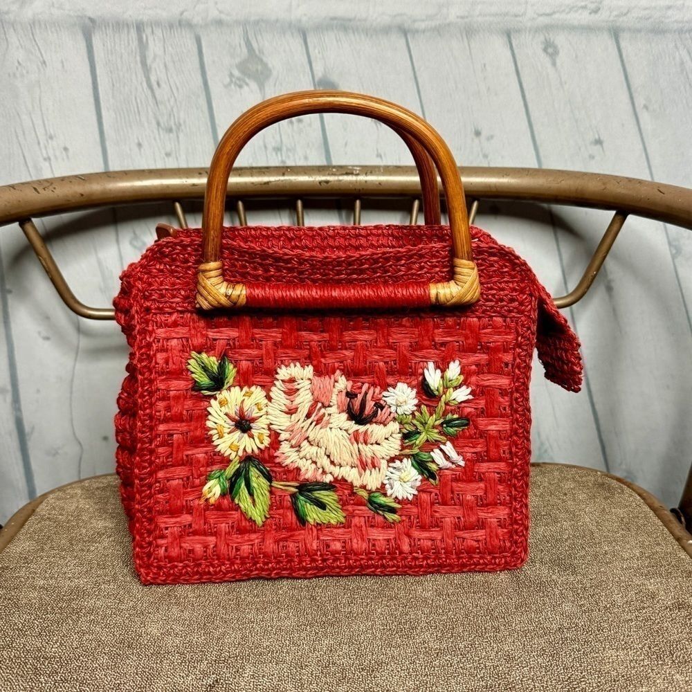 Vintage Fossil Woven Straw Bamboo Handle Tote Bag New Vacation Girly Cute - Picture 3 of 15